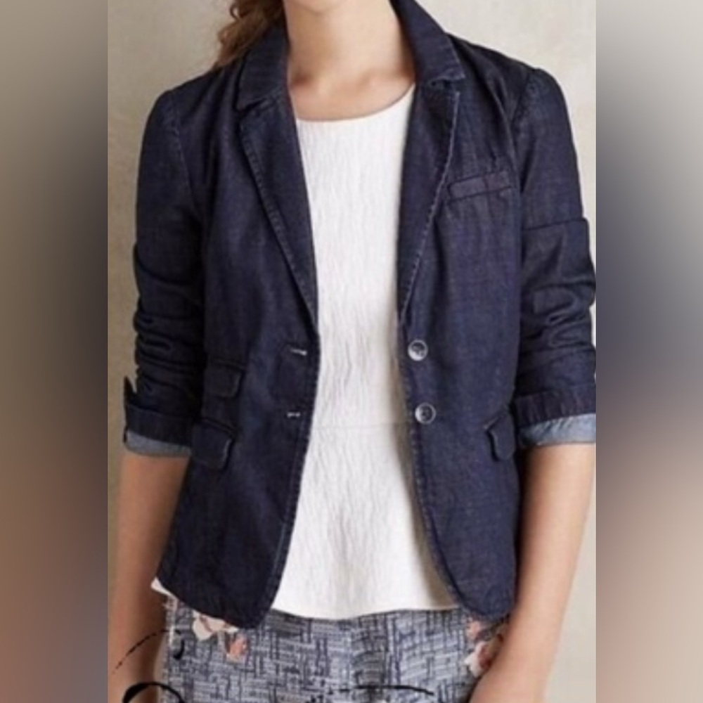 Anthropologie Pilcro Blue Denim Blazer Structured Tailored.